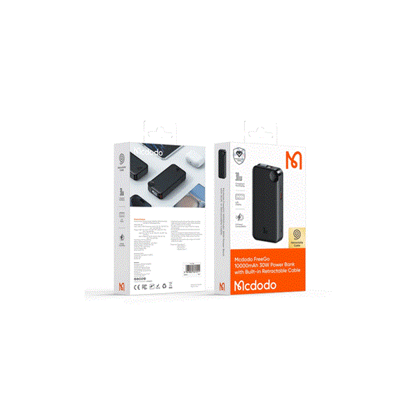 پاور بانک مک دودو مدل POWER BANK MCDODO MC 3870 PD/QC DIGITAL DISPLY RETRACTABLE TYPE C CABLE 10000mAH 30W BLACK
